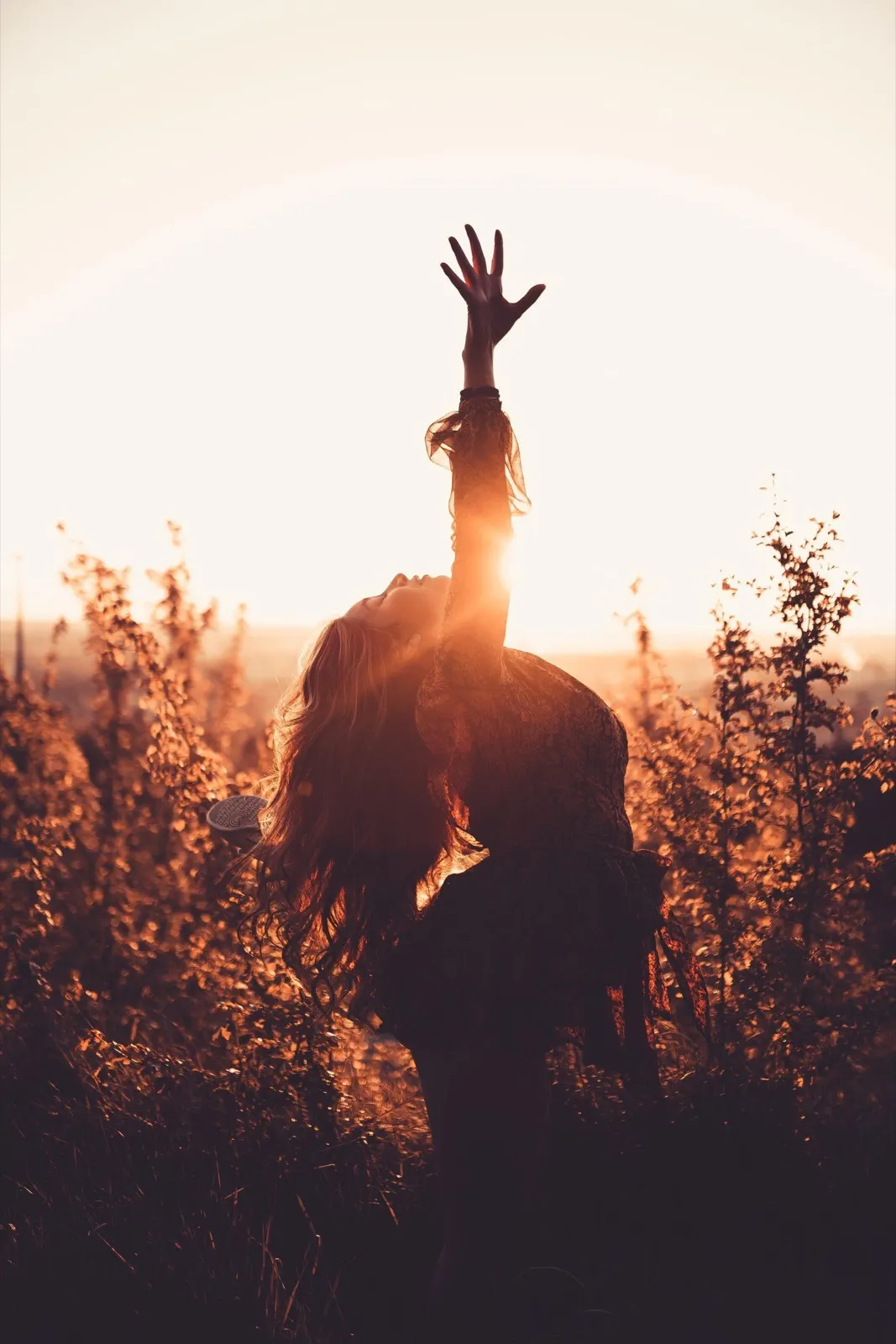 An open hand raised above a sunlit field at golden hour