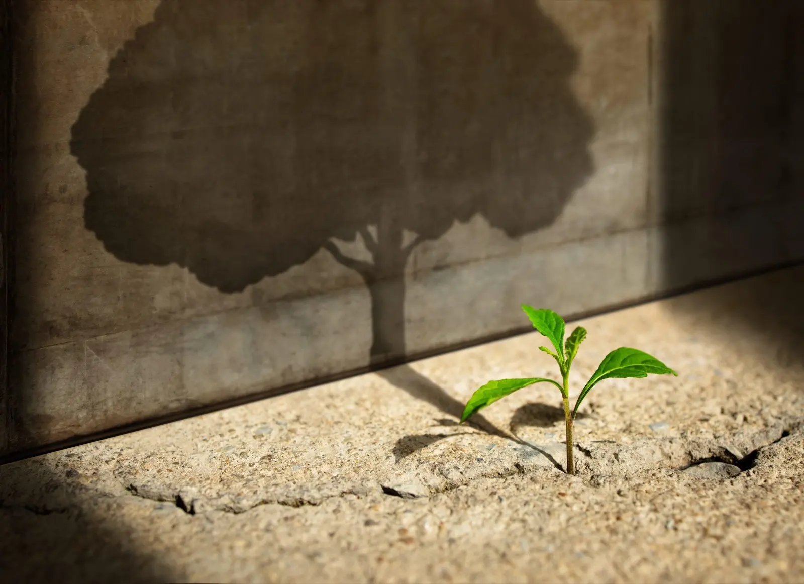 A seedling growing in dry ground beside the shadow of a full tree